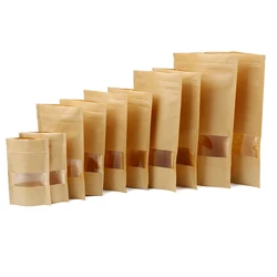 10pcs Kraft Paper Zip Lock Bags With Window Nut Food Snack Tea Self Sealing Storage Bag Wedding Home Candy Gifts Packaging Pouch