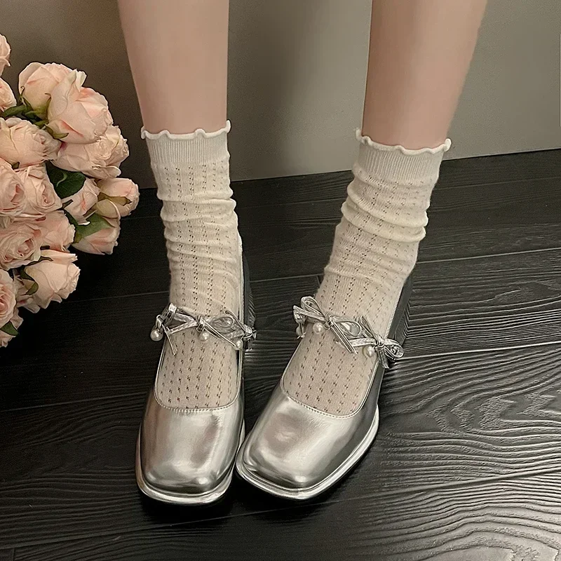 Luxury Pearl Designer Square Toe Mary Jane Shoes Women 2024 Sweet Bow Solid Color Shallow Mouth Outdoor Party Dress High Heels