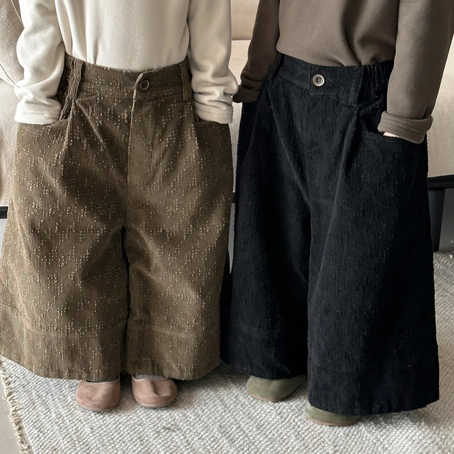 2025 Kids Flared Pants Corduroy Wide Bell Bottoms Leg Fleece Lined Winter Warm Baby Trousers for Boys Girls Casual Outfit