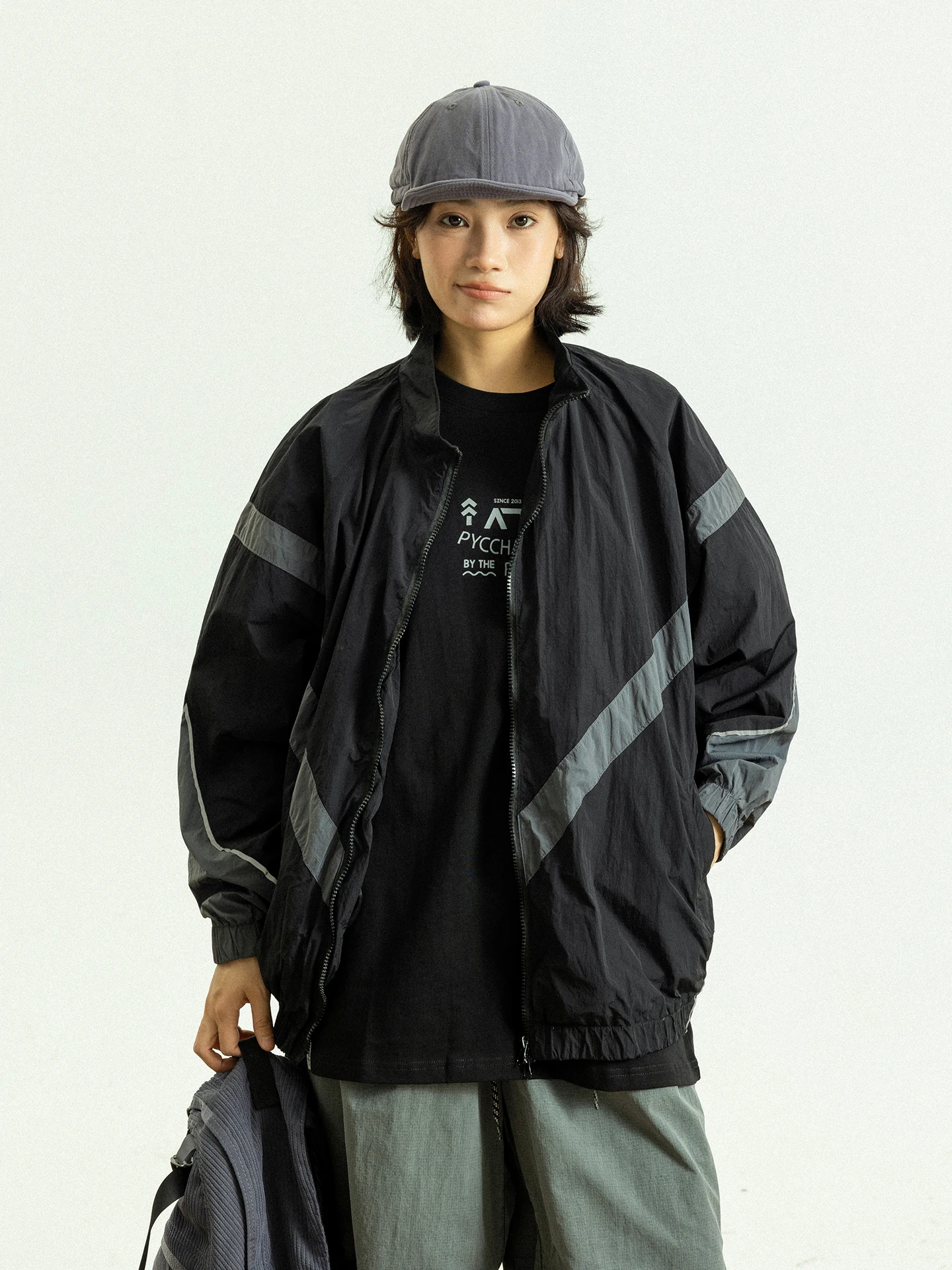 

GoodNorth Retro Patchwork Stand Collar Jacket Unisex Loose Casual Style Nylon Fabric Spring Season Lightweight Zipper Closure