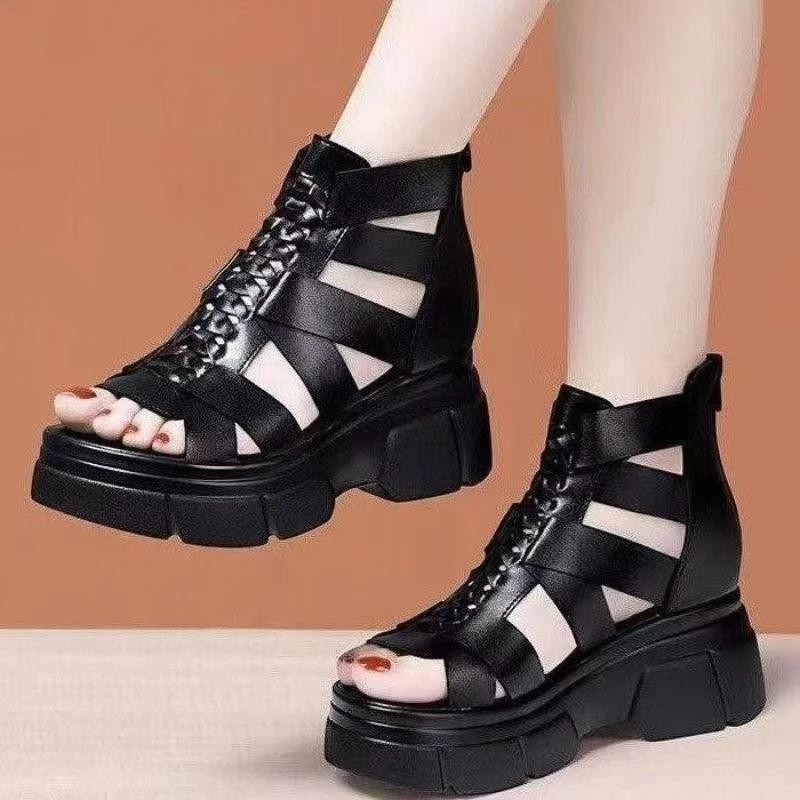 

Women Wedges Hollow Out Peep Toe Ankle Cool Boots Summer New Thick Sole Lightweight Non Slip Breathable High Top Modern Sandals