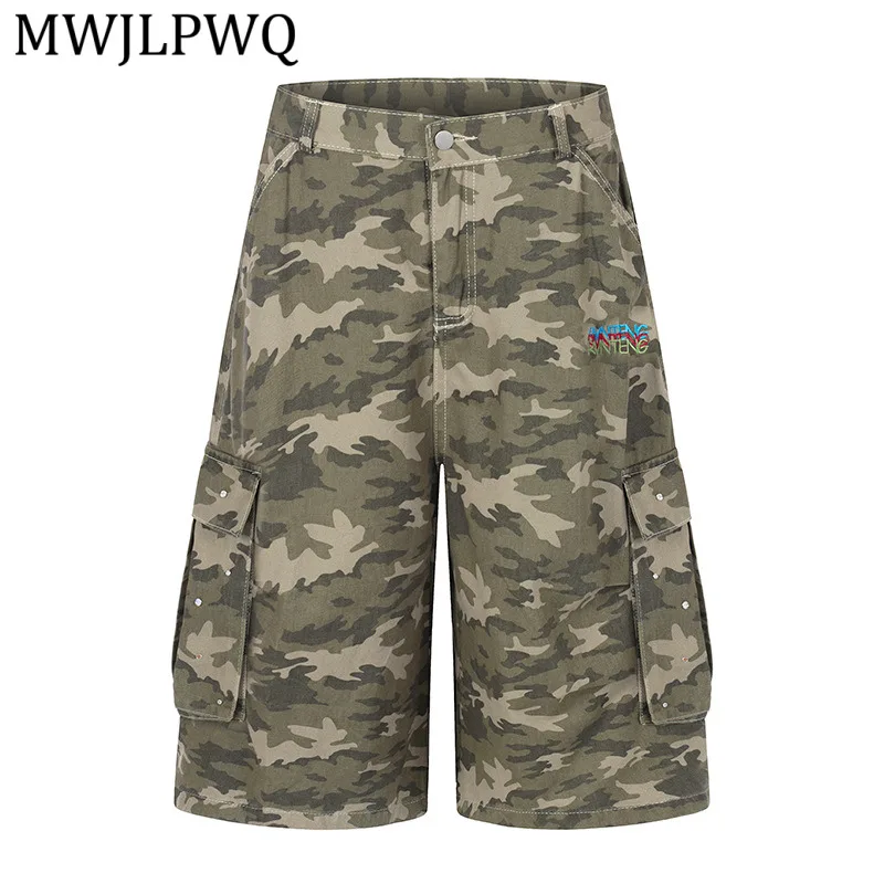 

MWJLPWQ Американские ретро-шорты-карго с несколькими карманами и камуфляжным принтом для мужчин, новые летние плиссированные свободные повседневные брюки с широкими штанинами 14838
