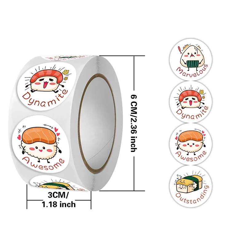 1Roll /500sheets Circular Cartoon Sushi Pattern Sticker Birthday Wedding Decor Sticker Baked Dessert Lunch Box Label Sticker