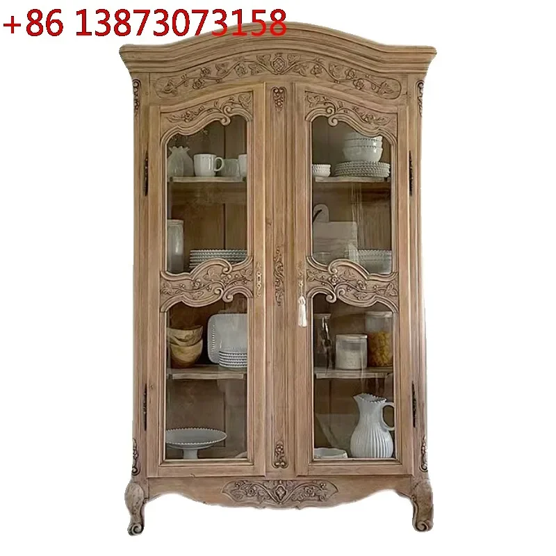 American country retro old French solid wood carving flower double door glass cabinet