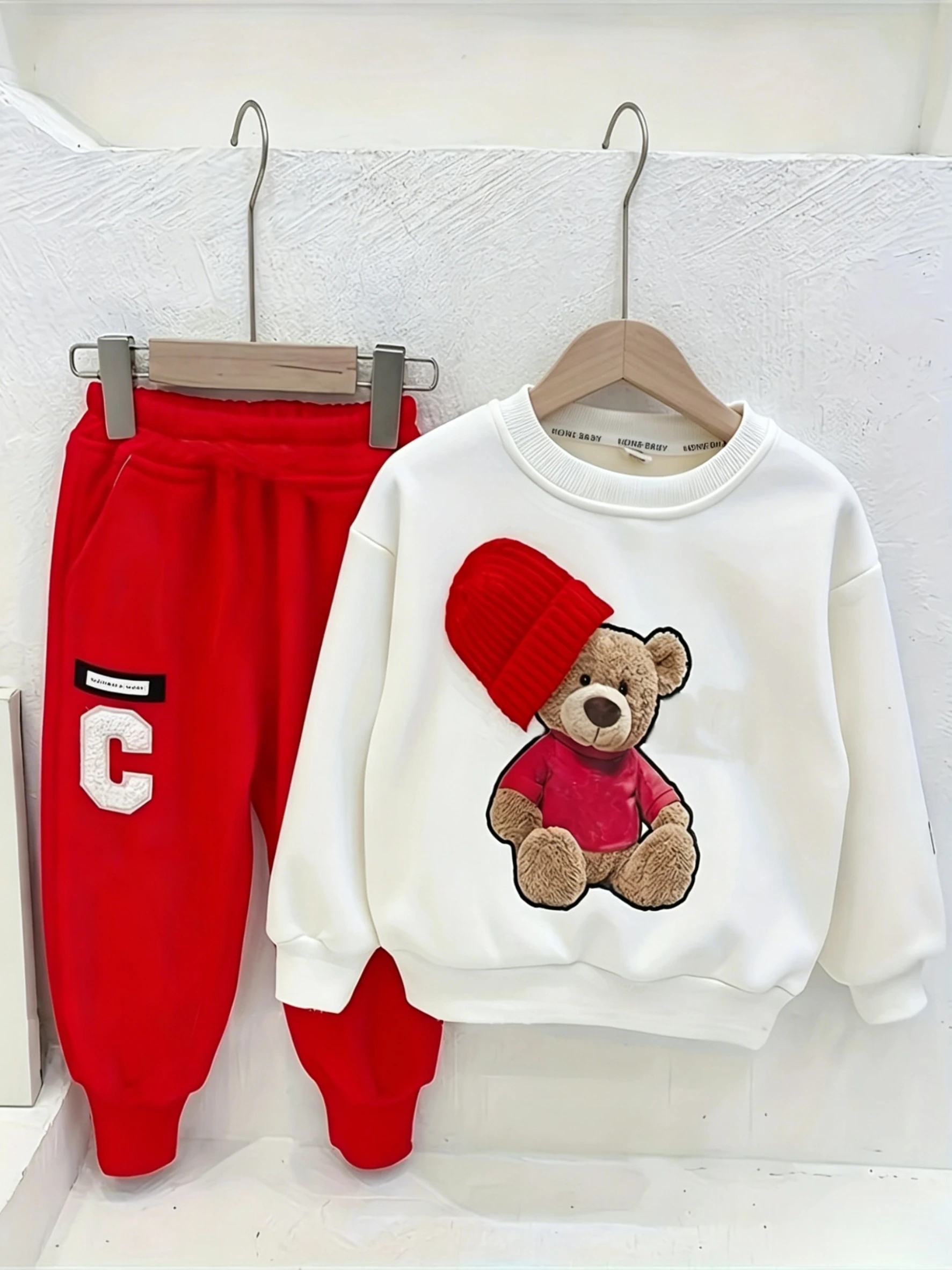 Toddler Kids 2Pcs Tracksuit Cute Bear Print Crew Neck Sweatshirt Letter C Patch Elastic Cuff Green Jogger Pants Spring Set