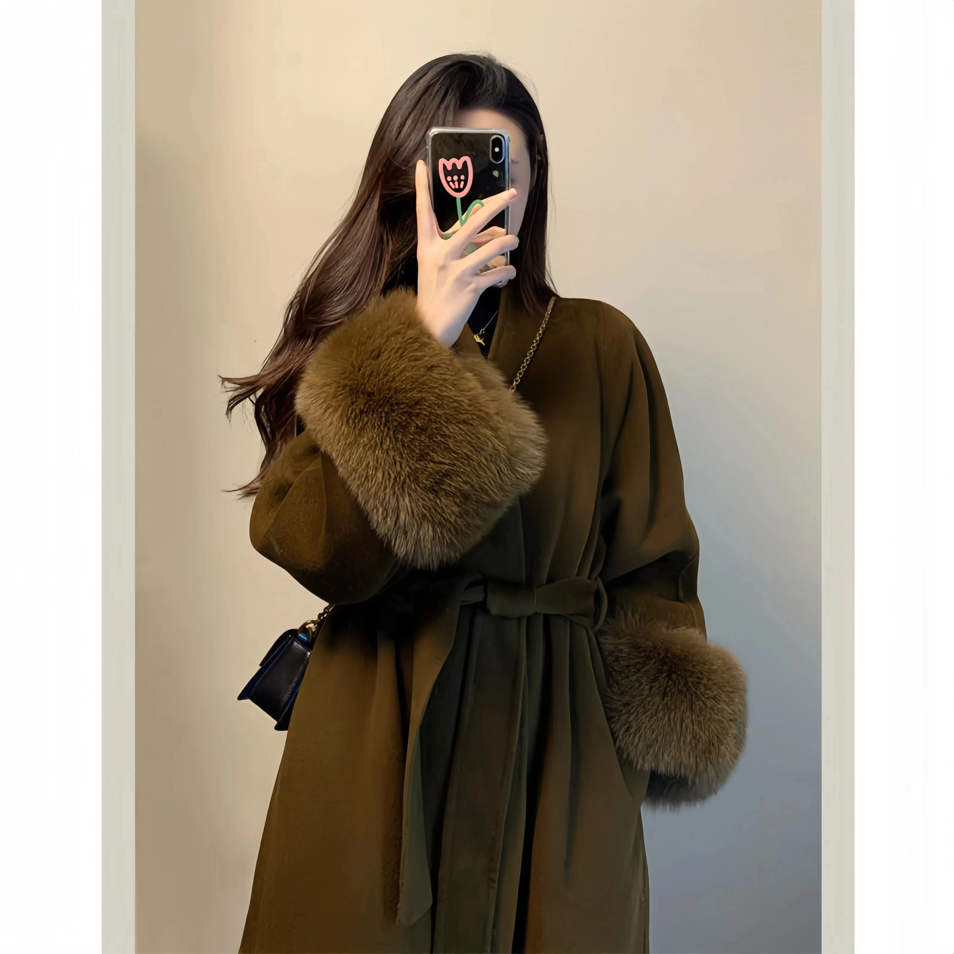 French Wool Coat for Women, Faux Fox Fur Cuffs, Adjustable Waist, Elegant Female Cashmere Jacket, High Quality, Autumn Winter