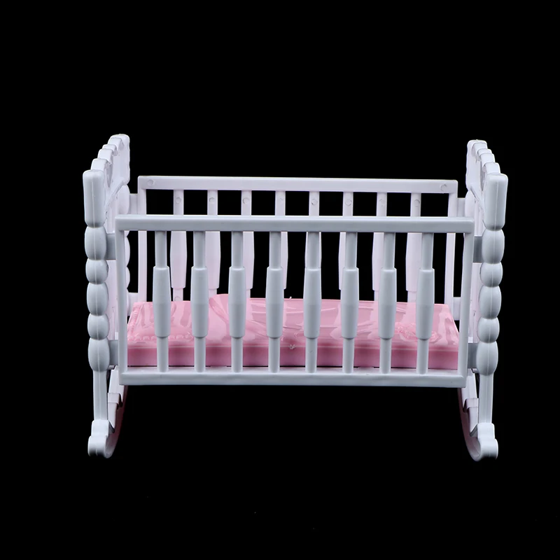 Light Pink Doll Crib Cradle, White Baby Shaker Bed, Doll House Toy Accessories