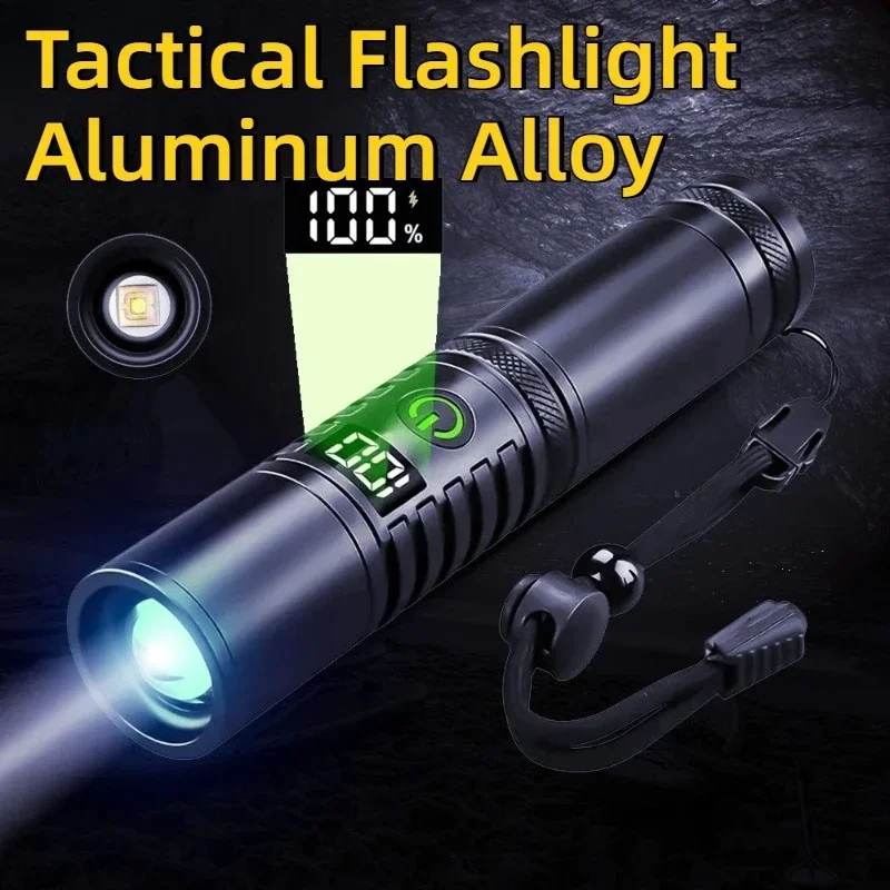 Powerful LED Flashlight Long Range Spotlight Type-C Charging Zoom Tactical Digital Display Torch Outdoor Multifunctional Lantern