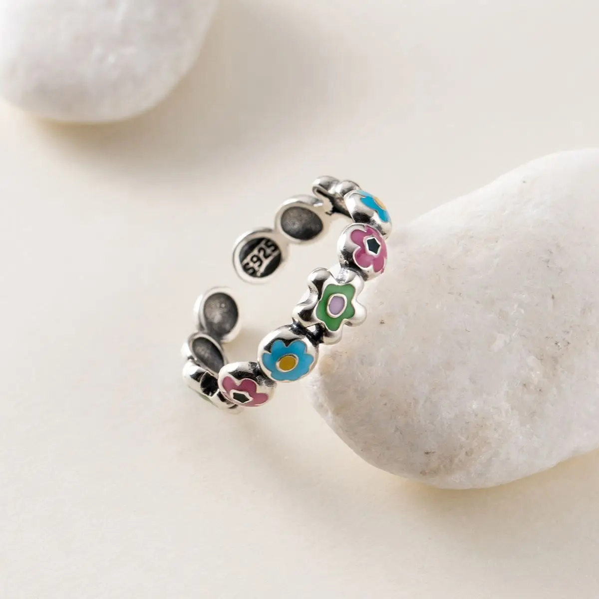 New Fashion Silver Color Green Flower Leaf Rose Daisy Enamel Open Finger Rings For Women Girl Jewelry Gift Dropship Wholesale