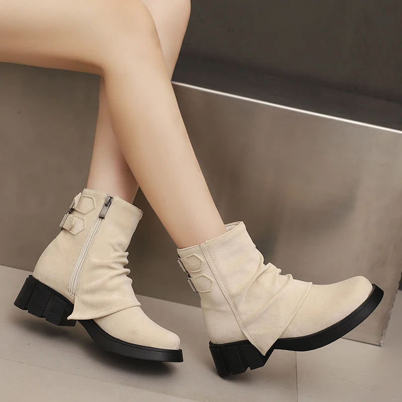 Flanged Flannel Side Zipper Thick Heel Plush Lining Autumn New Short Boots Double Row Belt Buckle Thick Sole Ankle Boots
