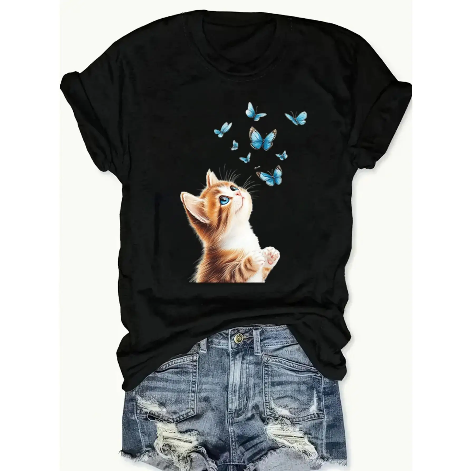 

Cute Cat & Butterfly Graphic T-Shirt Women’s Casual Cotton Tee for Pet Lovers, Summer Vacation or Birthday Gift