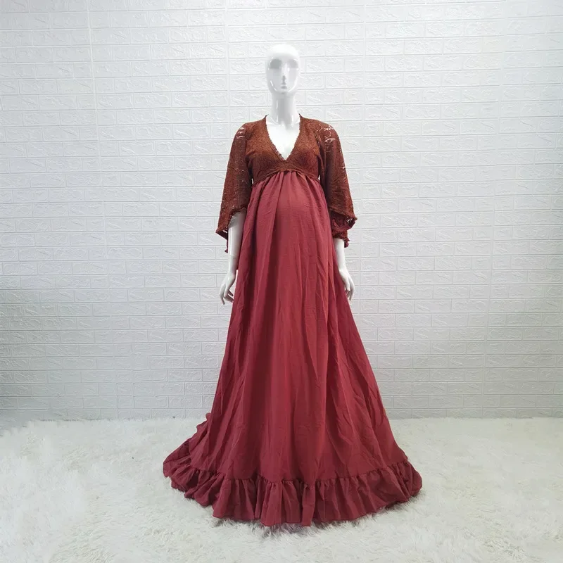 

Rust Cotton Maternity Long Dresses Tassels Pregnant Woman Photoshoot Bohemian Dress Pregnancy Photography Maxi Gown