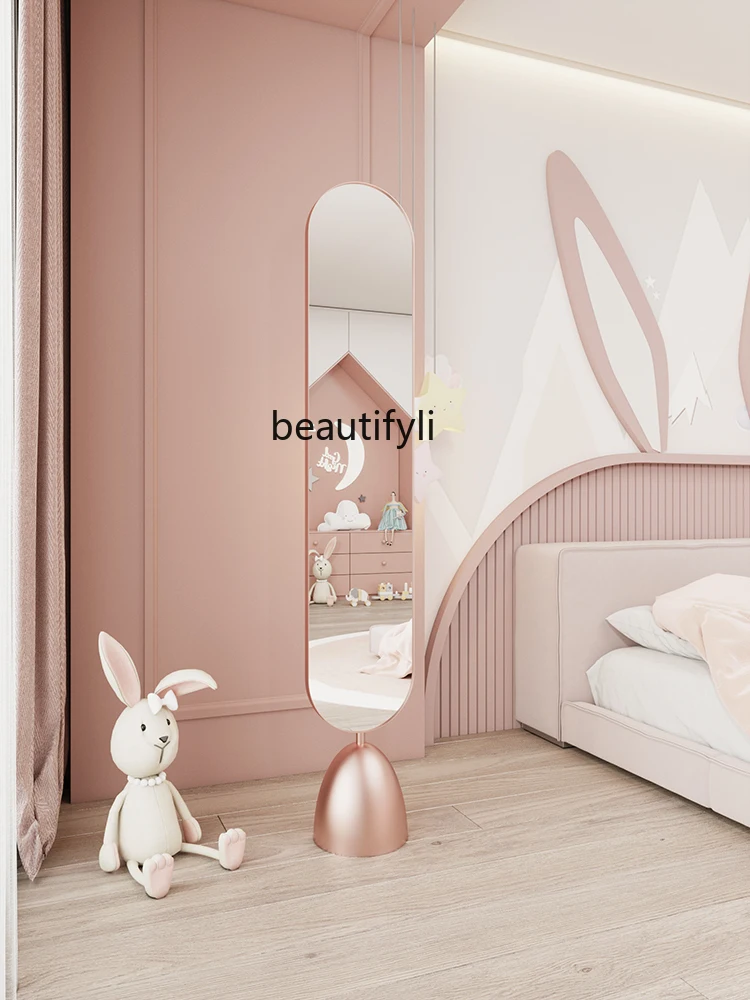 Full-Body Floor Mirror Living Room Bedroom and Household Rotatable Dressing Mirror Light Luxury Pink Girly Style