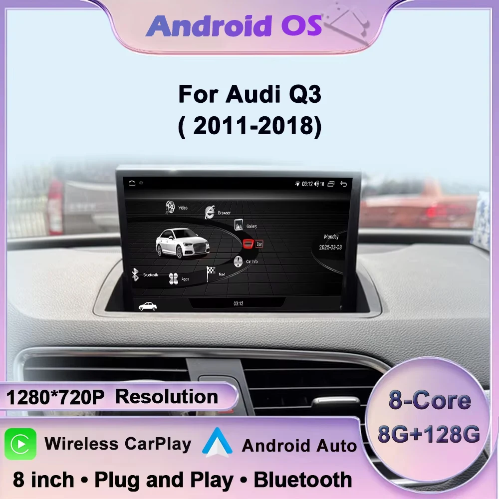 Android 16 Carplay Auto For Audi Q3 2011-2018 Multimedia Car Radio Player Video WIFl+4G GPS DSP Bluetooth Tools Fan