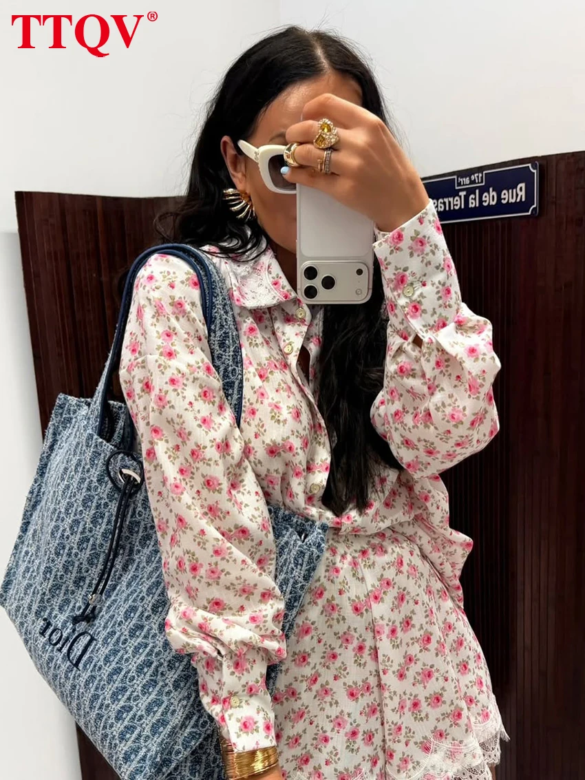 TTQV Fashion Loose Print Women's 2-Piece Set 2027 Elegant Long Sleeve Blouse With High Waist Lace Spliced Shorts Set Female