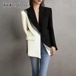 TWOTWINSTYLE Colorblock Patchwork Tassel Blazers For Women Notched Collar Long Sleeve Temperament Coats Female Fashion Clothes