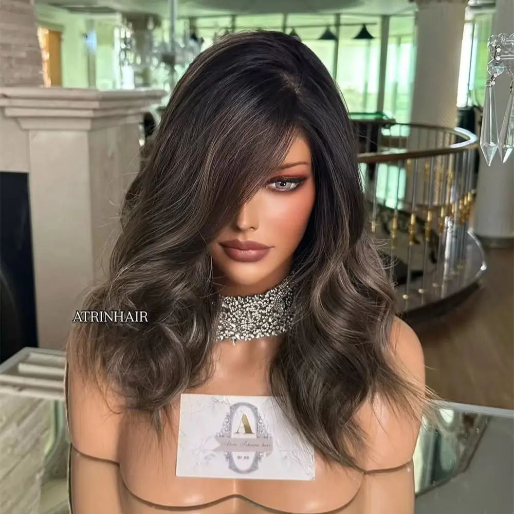 Preplucked Hairline Ombre Dark Brown Highlight Lace Front Wig for Women Heat Resistant High Quality Fiber Wig Blended Human Hair