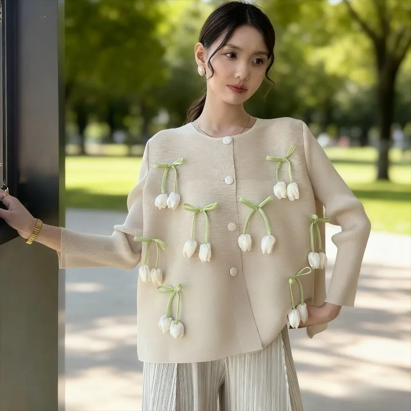 

Miyake 2026New Pleated Tops Fashion Korean Bow Flowers Long-sleeved T-shirt Sweet Temperament with Short Jacket Stretch Clothing