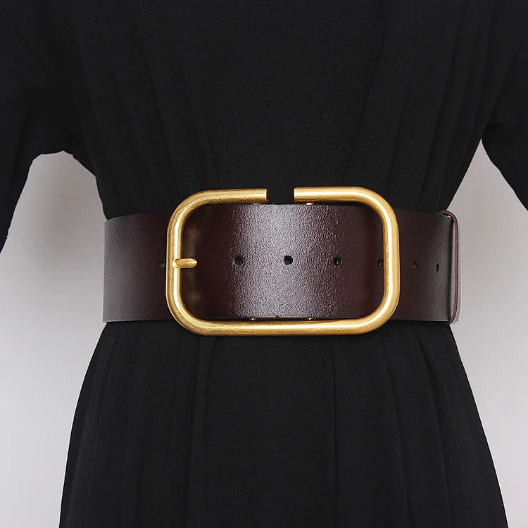 New Fashion Real Leather Wide Belt For Women Gold metal Square Buckle Pin Buckle Jeans Luxury Brand Ladies Vintage  Waistban