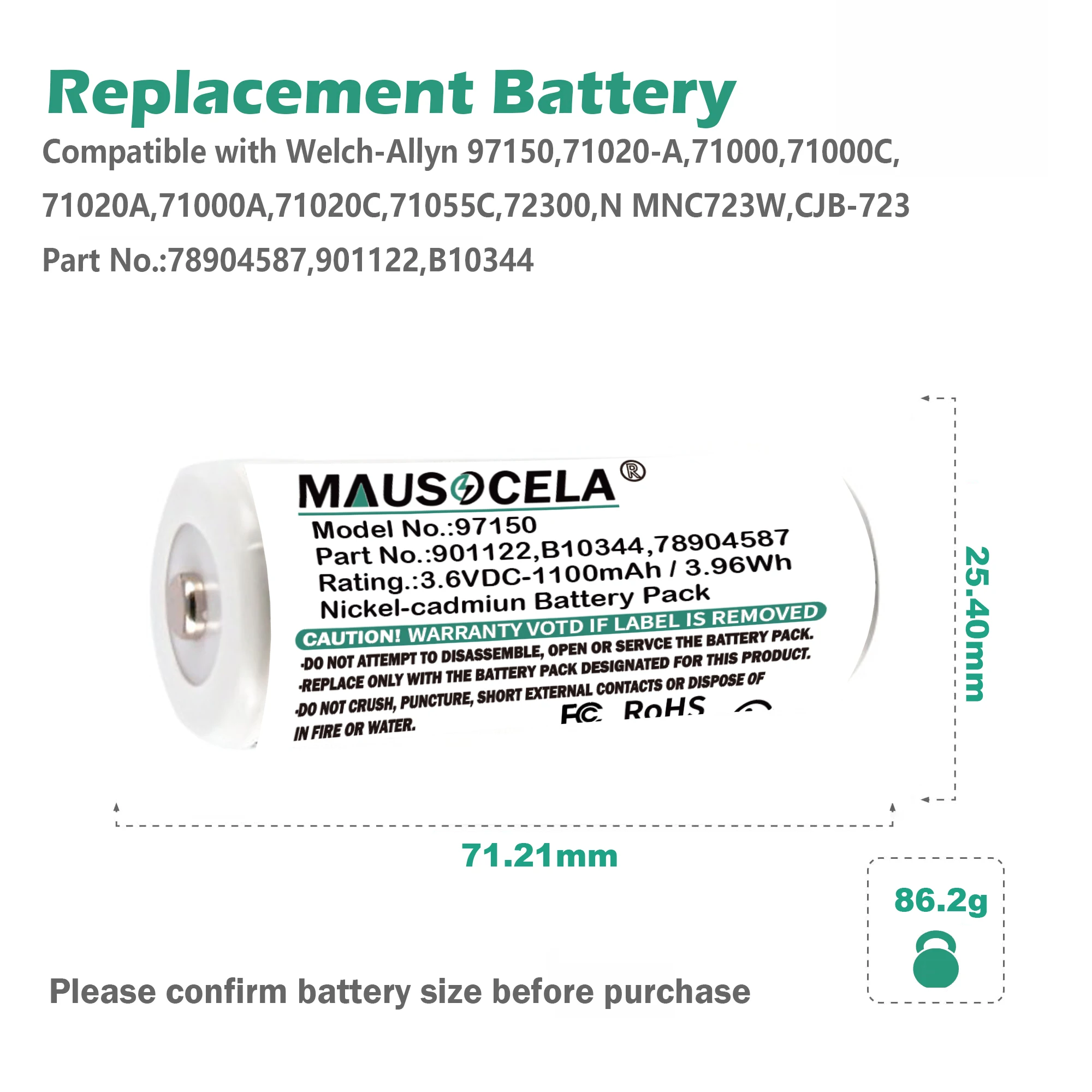Medical Battery For Welch-Allyn:78904587,901122,B10344,97150,71020-A,71000C,71020A,71000A,71020C,71055C,72300,N MNC723W,CJB-723