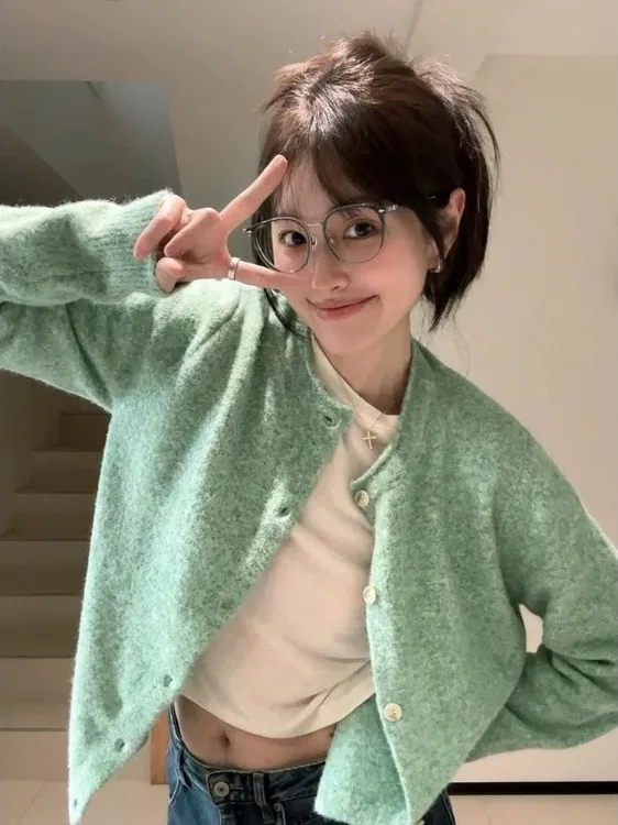 Hortelã een redondo ne aberto cardigan camisola primavera outono novo sle coreano versátil algemado outerwear casaco superior