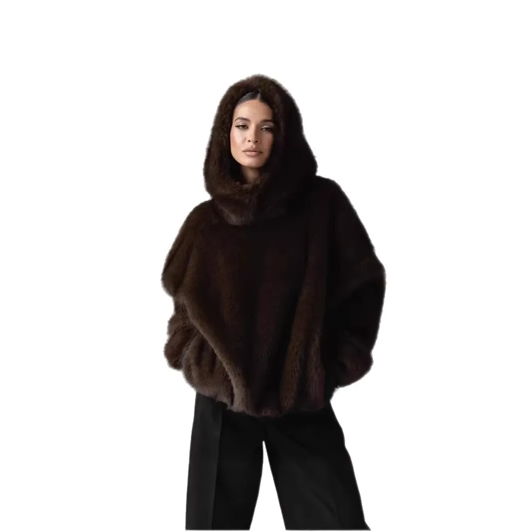 2026 inverno casaco de pele sintética com capuz feminino solto marrom peludo casaco casual lã quente outerwear