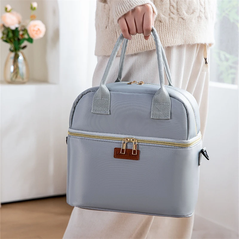 Double Layer Lunch Bag Thermal Insulation Lunch Box Storage Handbag Travel Picnic Food Pouch Multifunctional Mummy Shoulder Bags