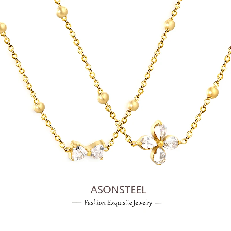 ASONSTEEL Schicke Halskette mit kubischem Zirkonia und Schleifen-Blumen-Anhänger für Damen, glänzend gestaltete Luxus-Halskette, süße Schmuck-Accessoires