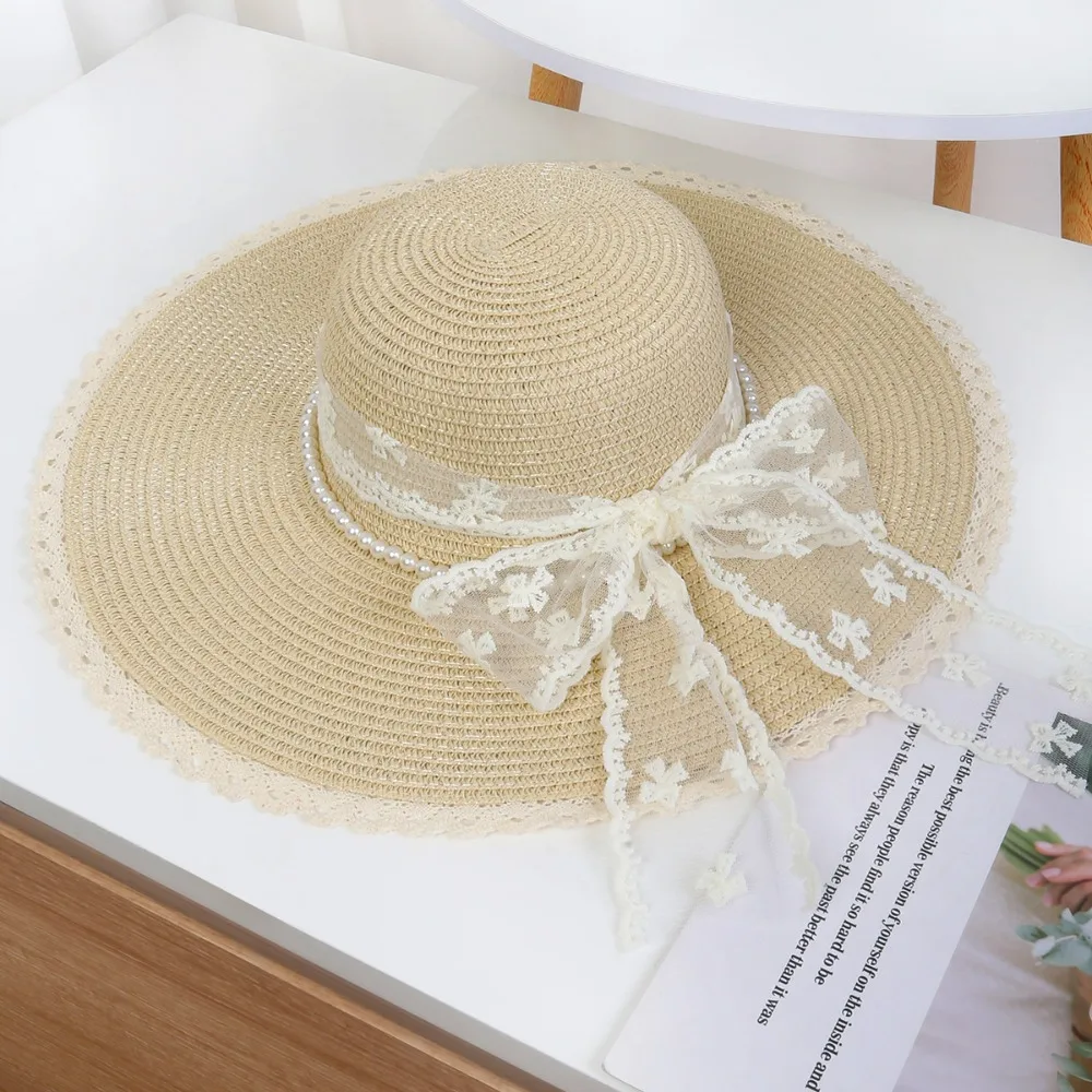 

Elegant Wide Brim Straw Hat Pearl Chain Breathable Weave Bucket Hat Comfortable To Wear Korean Style Lace Tied Sun Hat Travel