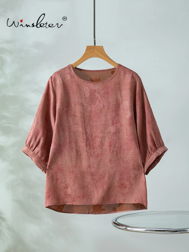 Winsleter-100%Real Silk Hongyunsha Elegant T-Shirt, O Neck Jacquard, Women Retro Temperament Loose Top, 2026 Summer New T67302CC