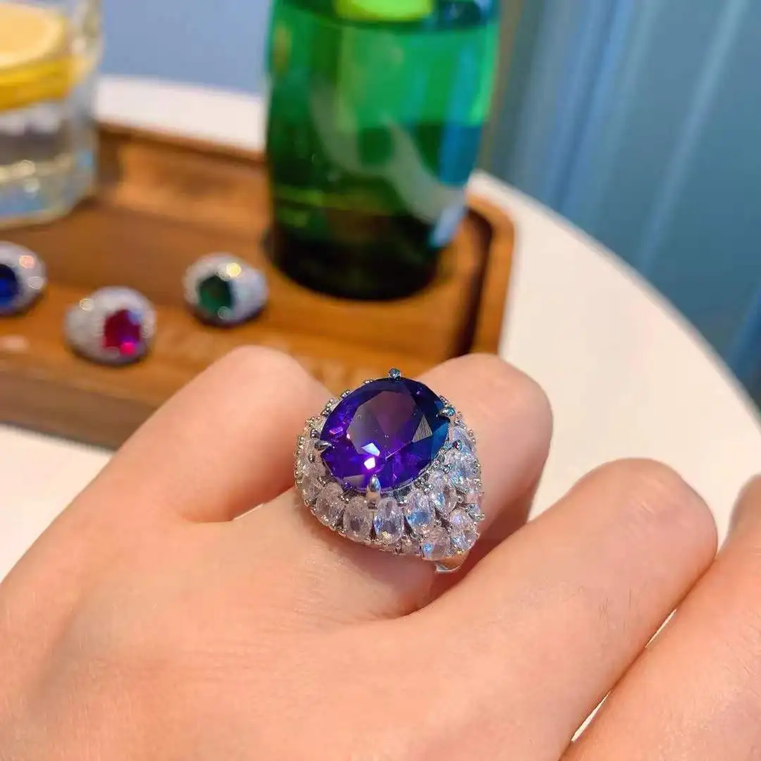

Creative Design Sparkling Full Diamond Purple Gemstone rings for women Colorful silver 925 Retro Elliptical Ring Banquet Jewelry