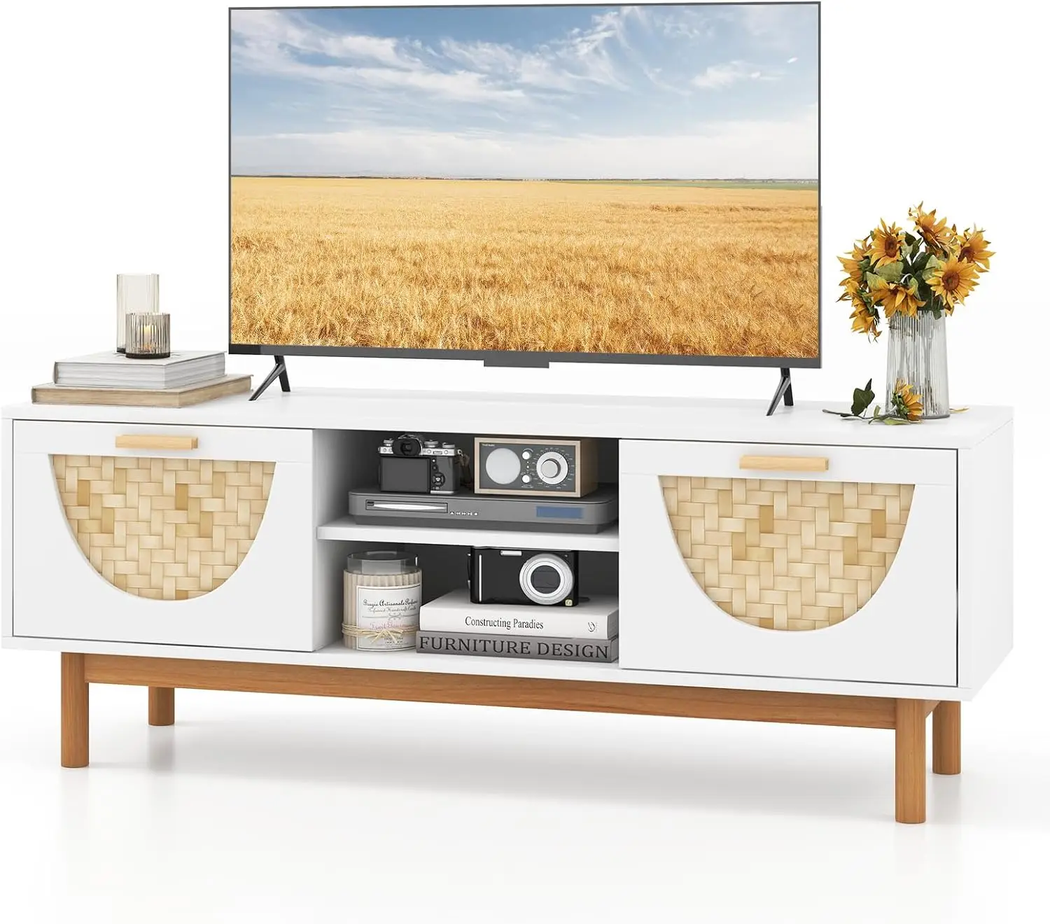 Tangkula White TV Stand for 55 Inch TVs, Mid Century Modern Entertainment Center with 2 Drawers & Bamboo Woven Fronts, S