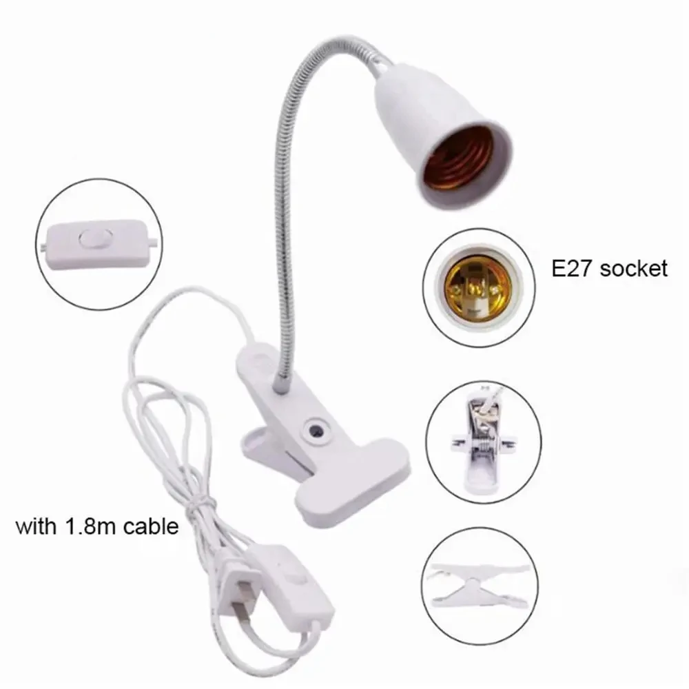 Flexível Suporte Da Lâmpada De Mesa, E27 Base De Luz, Soquete Gooseneck, Clip-on Cabo, Power On Switch para Casa, UE, EUA, UK Plug, 360 Graus