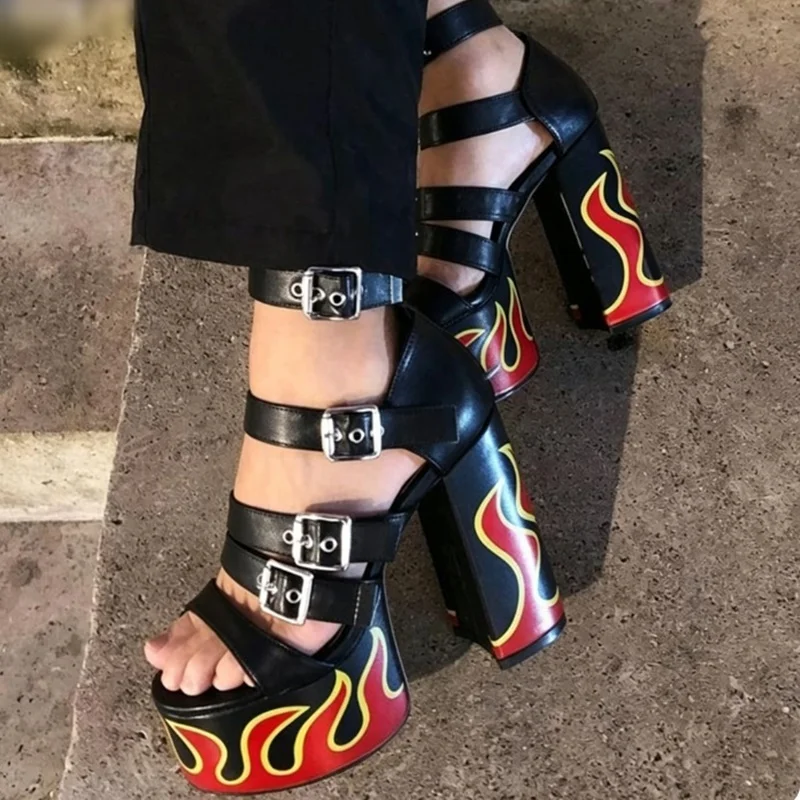 Punk Flame Platform Sandals Peep Toe Rivets Buckle Strap Black Patent Leather Club Party Runway Shoes