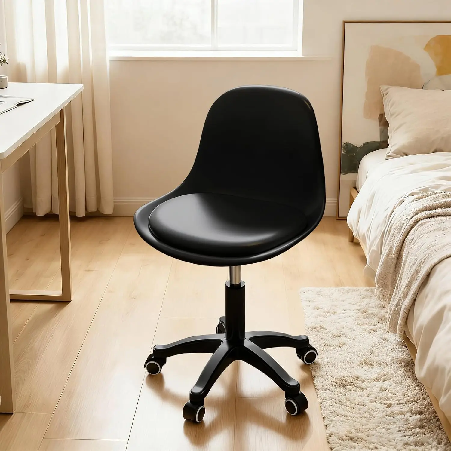 Ergonomic Small Rolling Desk Chair with Silent Wheels, Adjustable Height & 360° Swivel for Home Office, Vanity, and Study Use