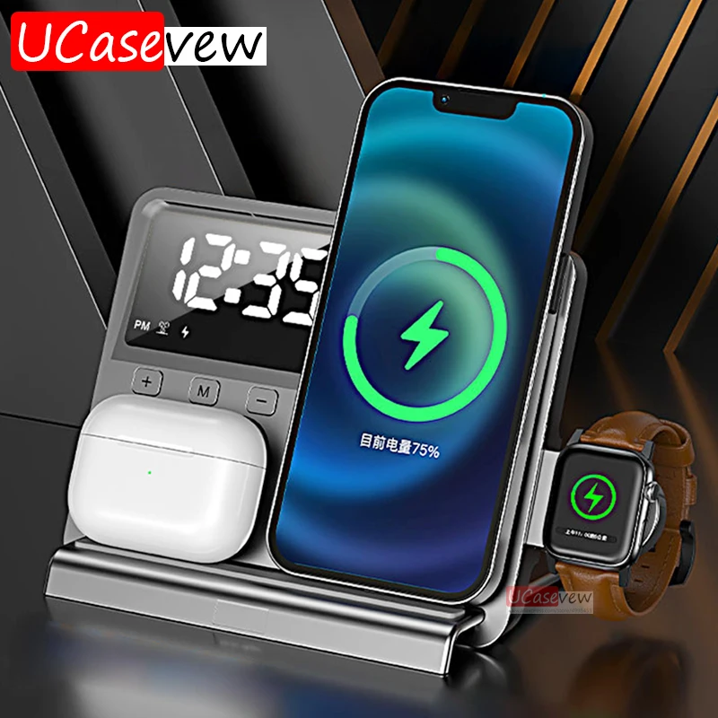 

15W Wireless Chargers Stand 5 In1 LED Digital Alarm Clock Fast Charging Dock Station For iPhone15 14 13 iWatch 8 Samsung S21 S20