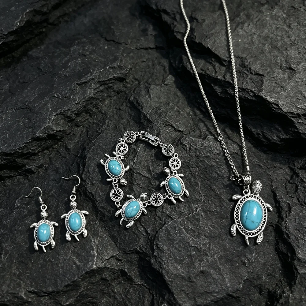 Turtle Turquoise Jewelry Set, Bohemian Hollow Tortoise Pendant Necklace Bracelet Dangle Earrings 3‑Pcs Women Fashion Party Gift