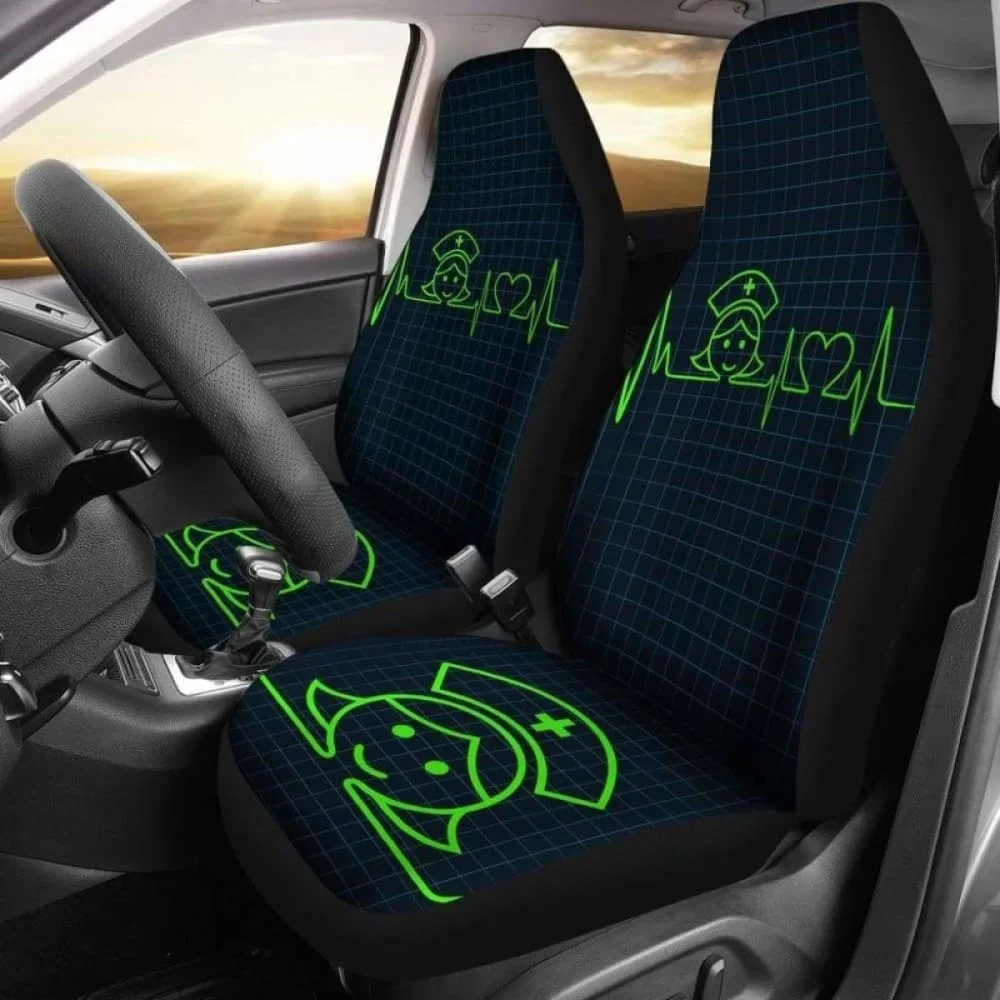 Nurse Heartbeat Green Car Seat Cover (Set of 2) Pack of 2 Universal Front Seat Protective Cover