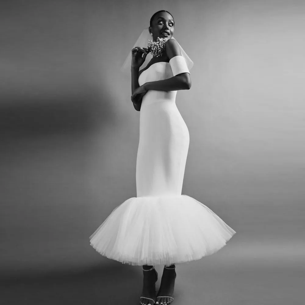 

Modest White High Stretchy Ankle Length Formal Dresses Bridal Dresses With Cape Sleeves Pretty Party Dress
