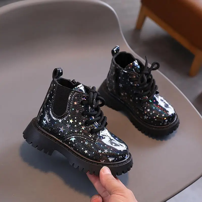 New Children Martine Boots Non-slip Soft Sole Walking Shoes PU Leather Sparkle Boots Lace Up Side Zipper Pure Color Casual Shoes