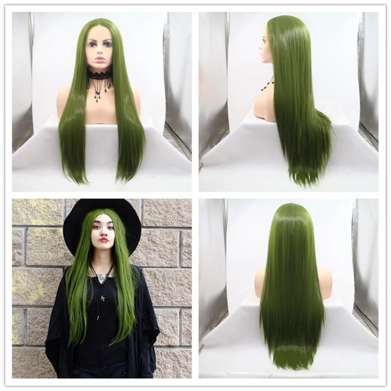 

Hand-Tied Lace Front Synthetic Long Straight Hair Cosplay Green Wig