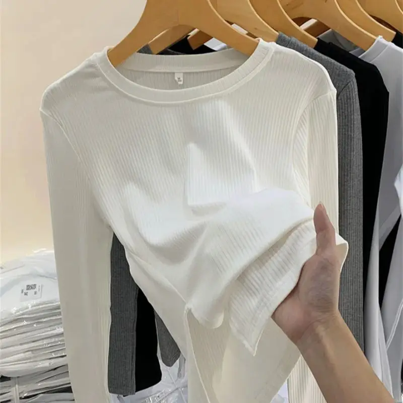 Solid Long Sleeved T-shirt O-Neck Thread Bottoming Shirt Women\'s 2024 Spring Autumn New Korean Fashion Fit Inner Fitting Top