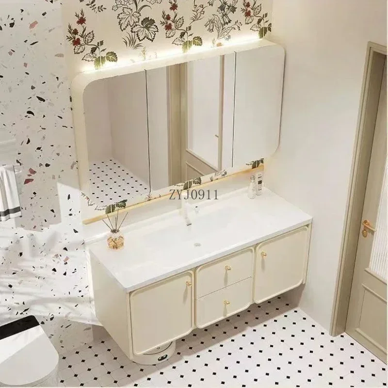 * Armários de banheiro europeus com espelhos inteligentes, lavatório integrado de cerâmica, armário de banheiro com pia, móveis de banheiro