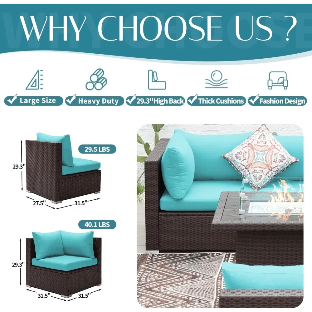 Set Sofa furnitur teras luar ruangan dengan meja Pit api, rotan anyaman cokelat PE ukuran besar mewah, tahan UV, 11 buah