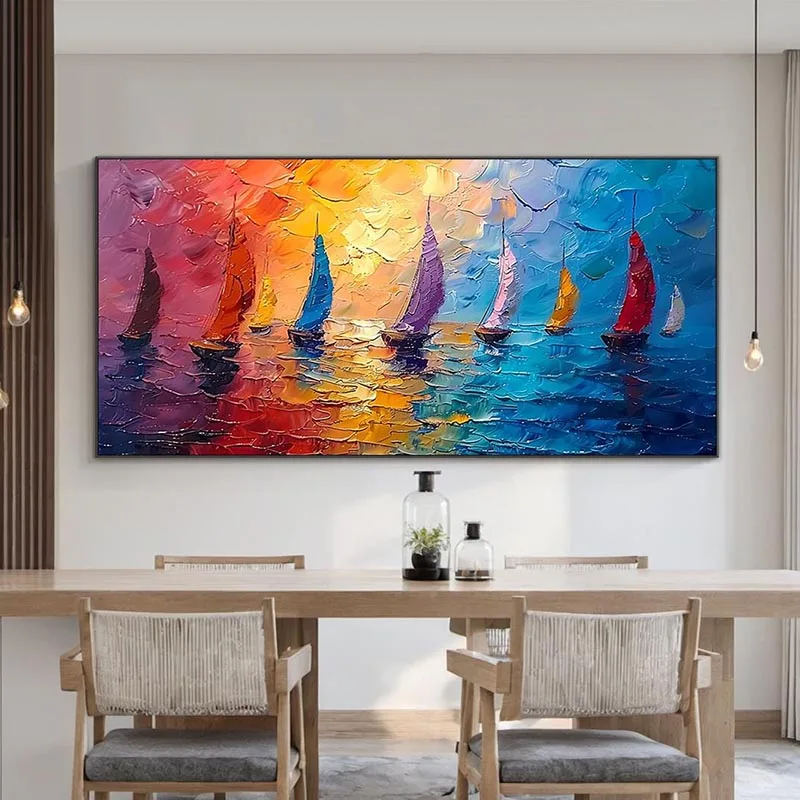 2D Flat Large Abstract Oil Painting, Seascape Sailing Retro Textured Canvas Painting Moder Poster and Prints Picture Home Decor