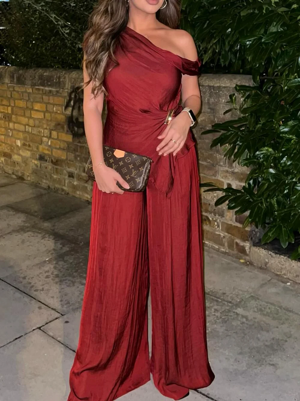 Women Fashion Solid Pants Suit Dew Shoulder Golden Button Sleeveless Short Top+Pleated High-Waisted Wide Leg Long Pant