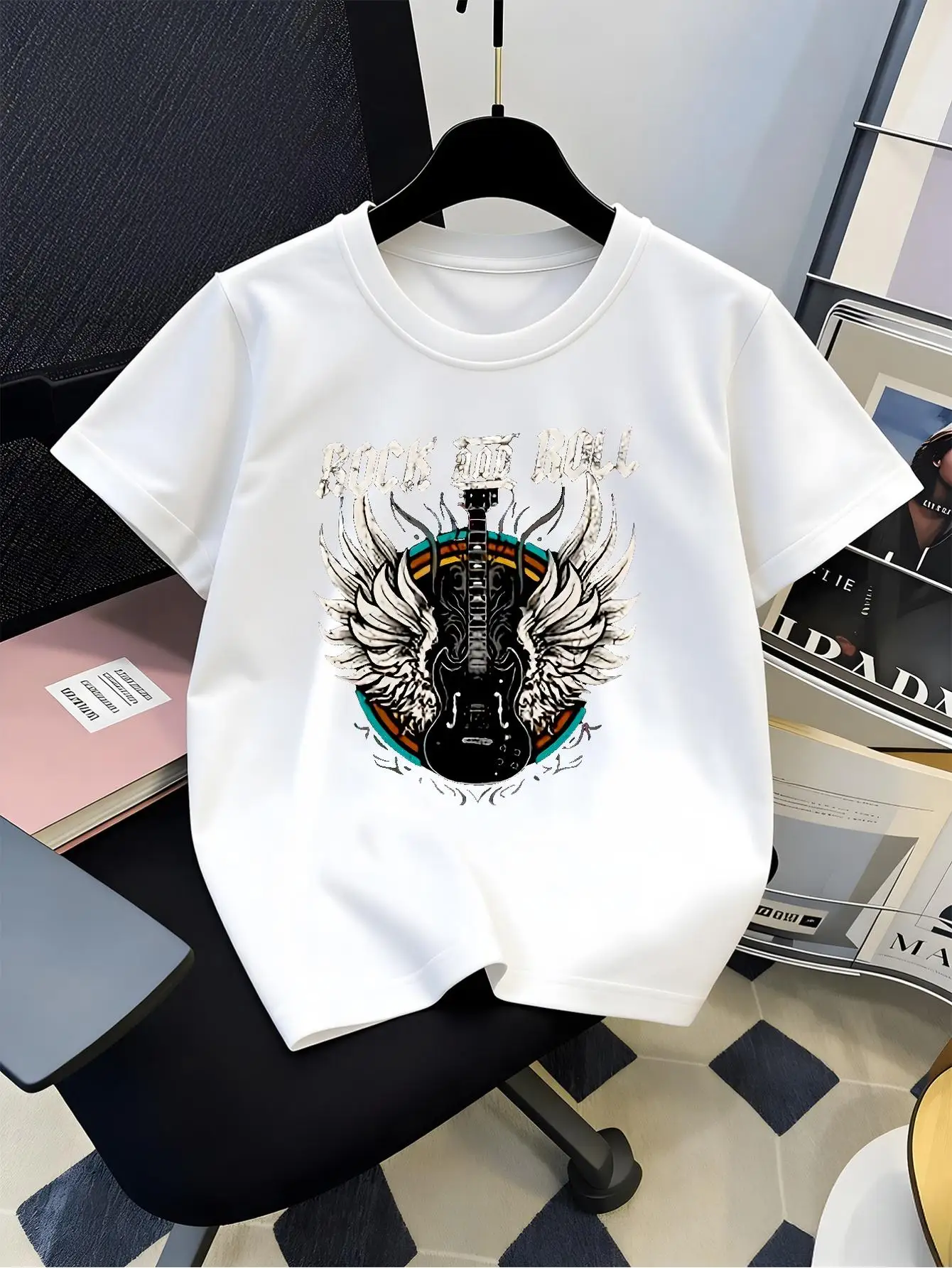Vintage Rock And Roll Winged Electric Guitar Art Graphic Print Family Matching Short Sleeve Tee Boys Girls Kids Casual Tops