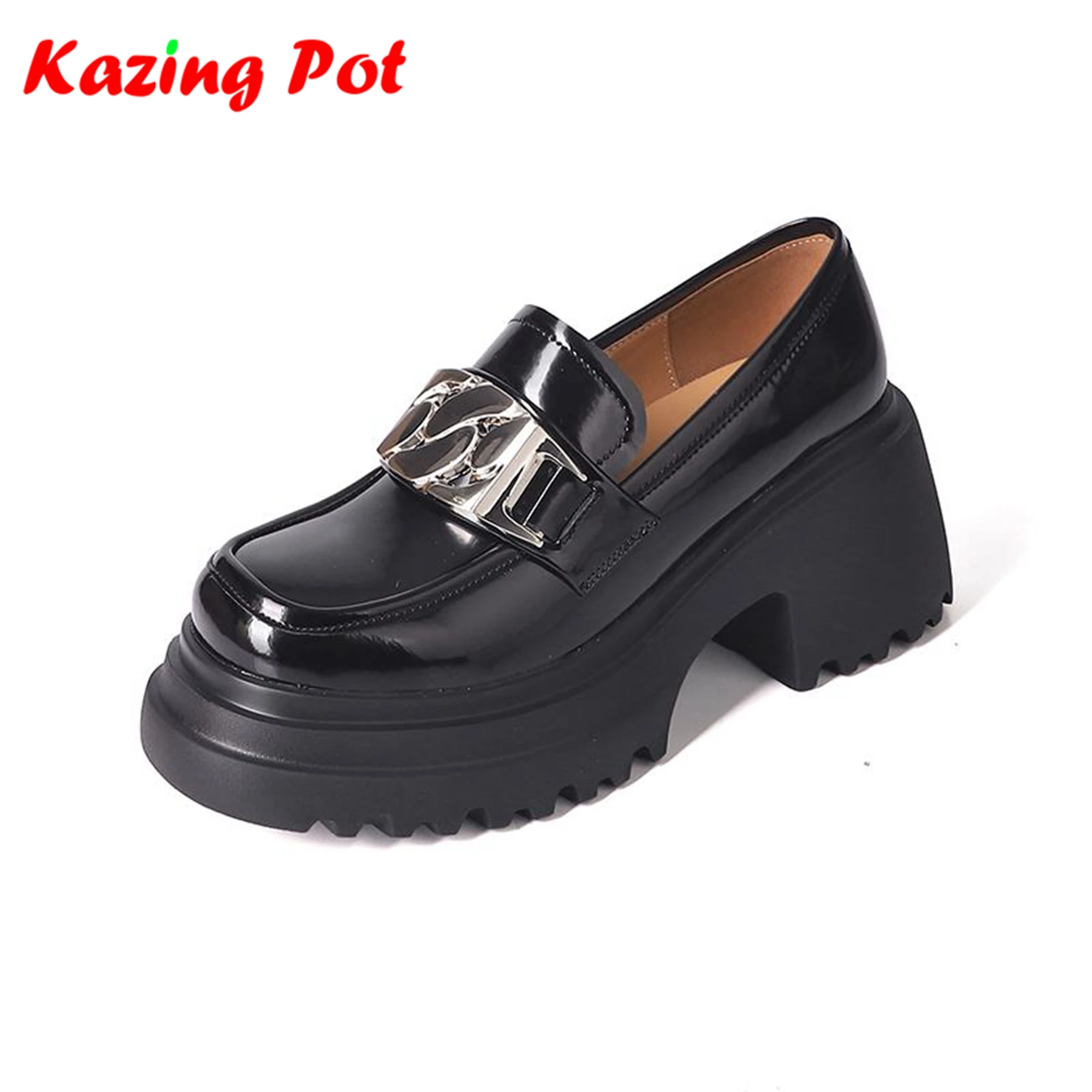 Krazing Pot Genuine Leather Autumn Shoes Slip On Preppy Style Platform Thick Bottom Metal Buckle Loafers European Women Pumps