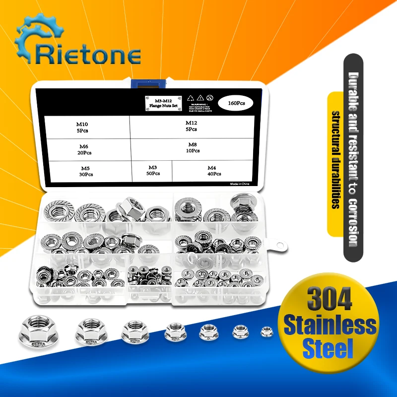 

160pcs Hexagon Flange Nuts M3 M4 M5 M6 M8 M10 M12 304 Stainless Steel Universal Locknuts Set Assortment Kit DIN6923
