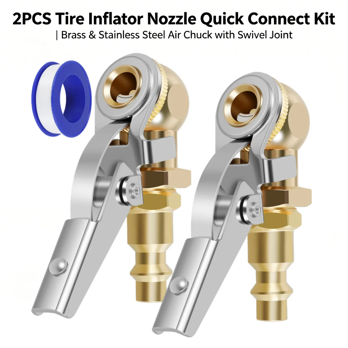 

2Pcs 1/4 Inch NPT Lock On Air Chuck 250 PSI Brass Heavy Duty Tire Inflator Compressor Gauge Connect Adapters with Sealing Tape